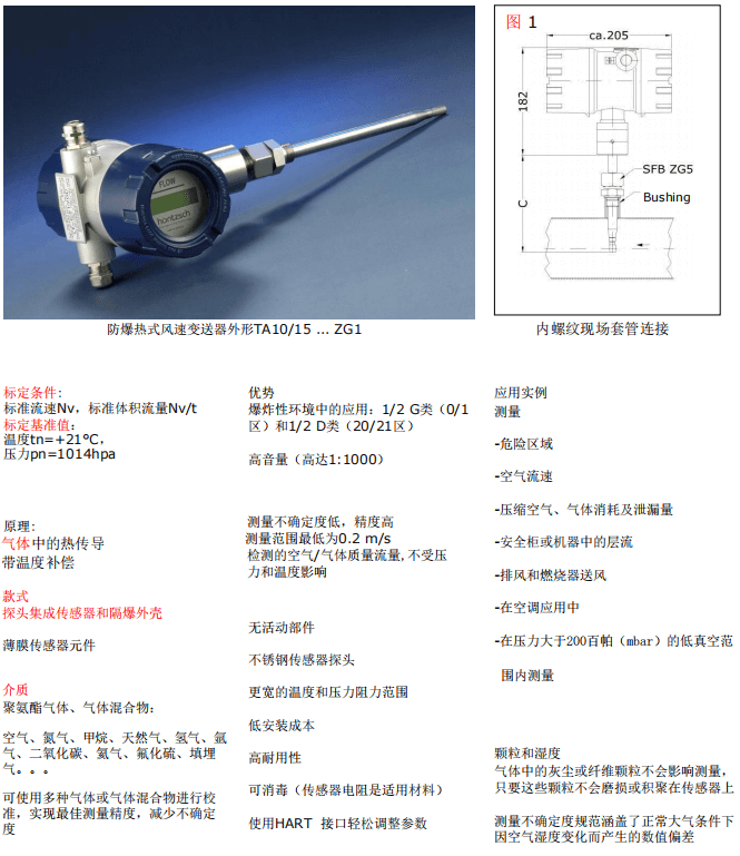 Hontzsch虹啟防爆熱式風速、風量變送器 TA10/15...ZG1參數(shù)
